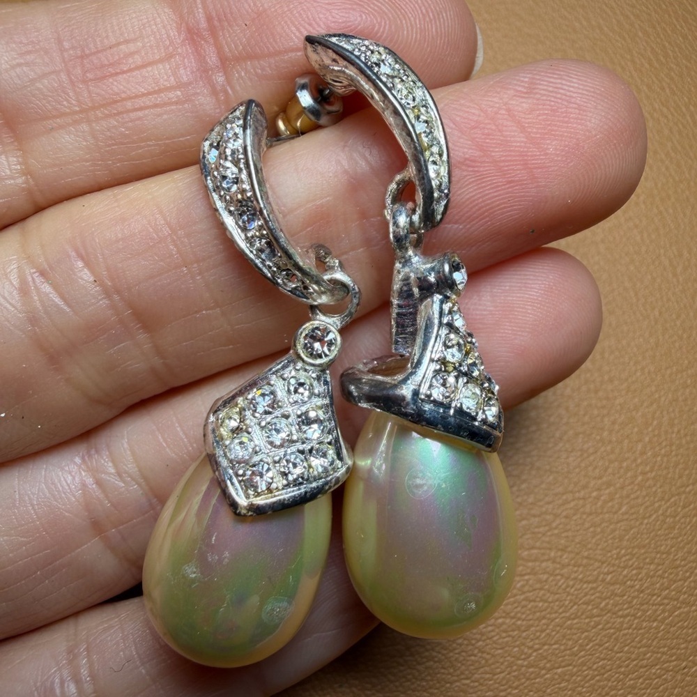 Vtg Signed Roman Faux Pearl & Rhinestone Drop Dangle Pierced Earrings - Picture 11 of 12